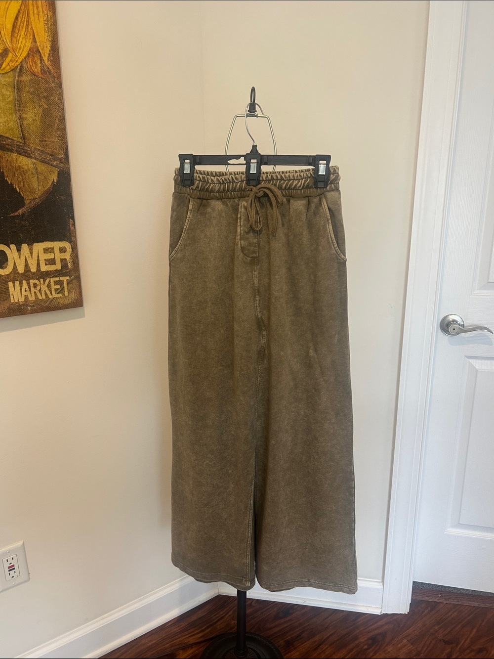 Zenana Mineral Washed Brownish Green Long Skirt w/ Drawstring and a Front Slit